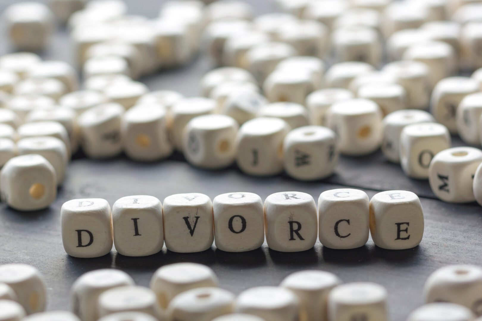 Dice with the words "Divorce" printed on them